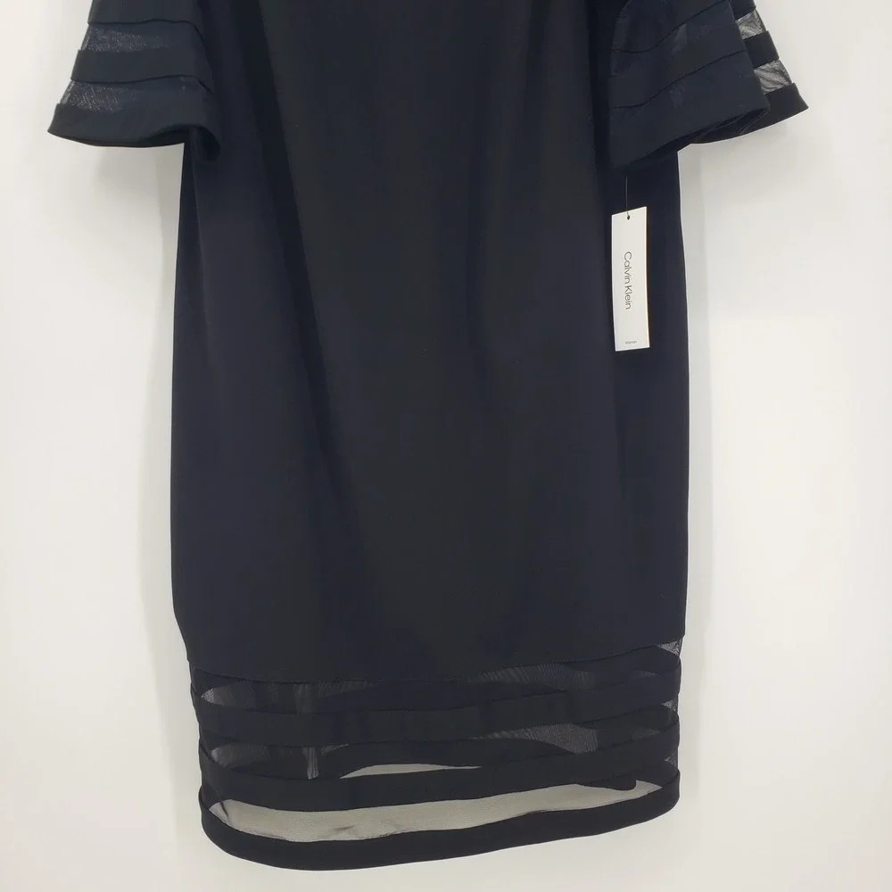 Calvin Klein Bell Sleeve Sheath Dress Illusion Sheer Mesh Striped Size 18W Black